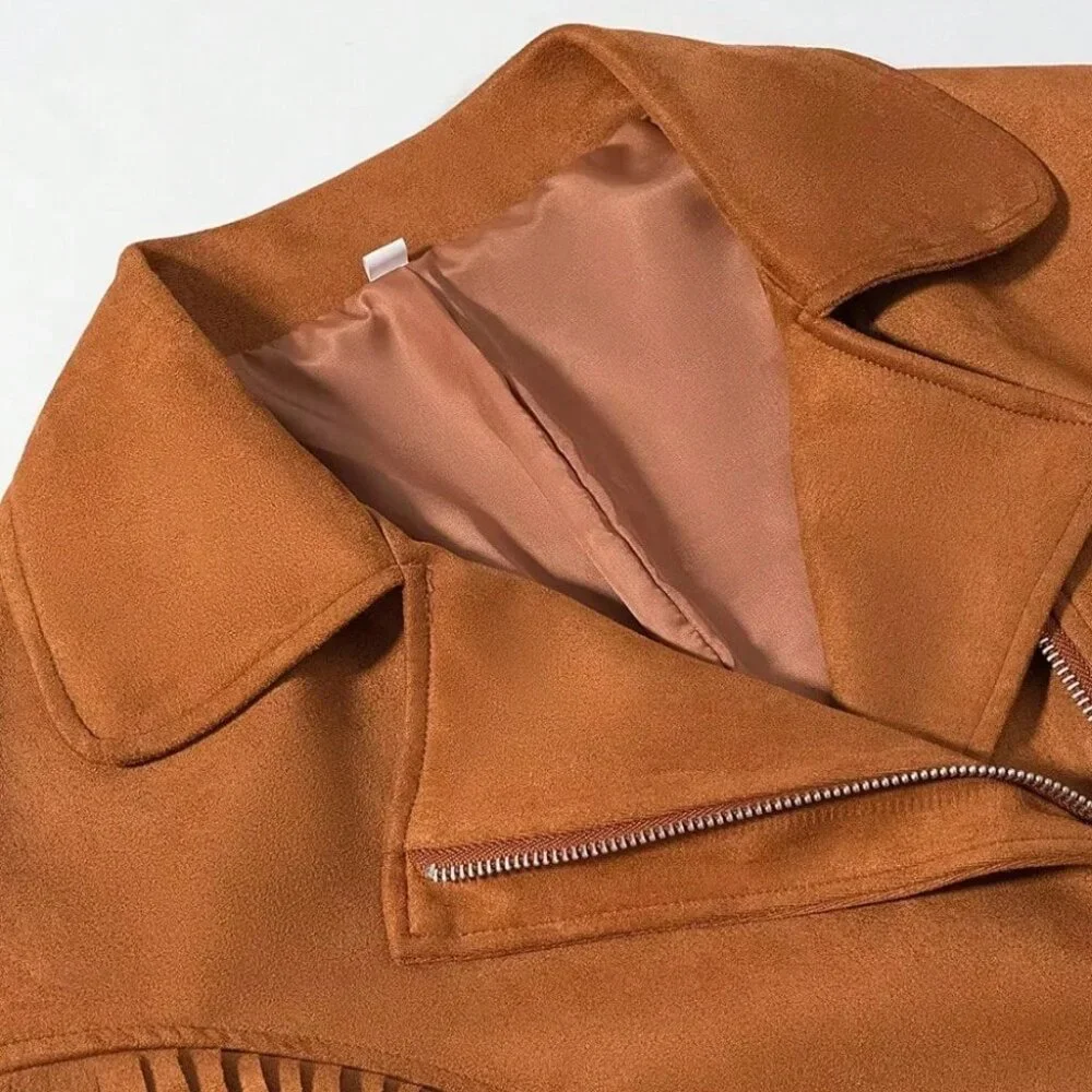 Khaki Casual Women's Lapel Tassel Wide Shoulder Streetwear Jacket - Picture 7 of 10